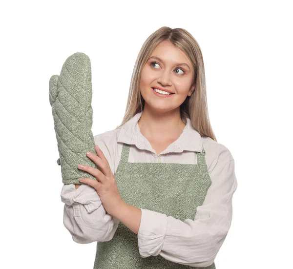 Mooie Jonge Vrouw Schoon Schort Met Patroon Oven Handschoen Witte — Stockfoto