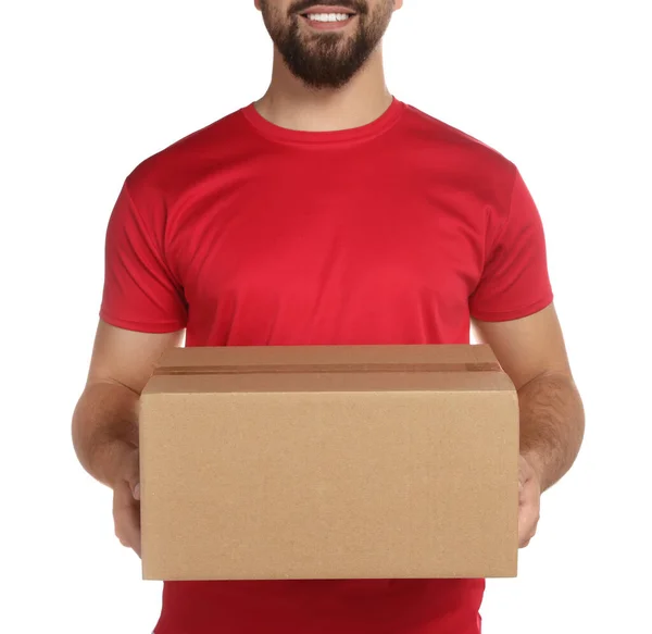 Courier Holding Cardboard Box White Background Closeup — Stok fotoğraf