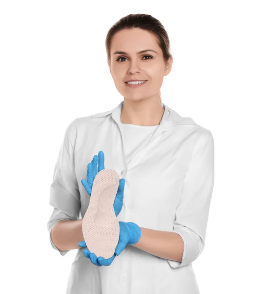 Beautiful Female Orthopedist Showing Insole White Background — Foto de Stock