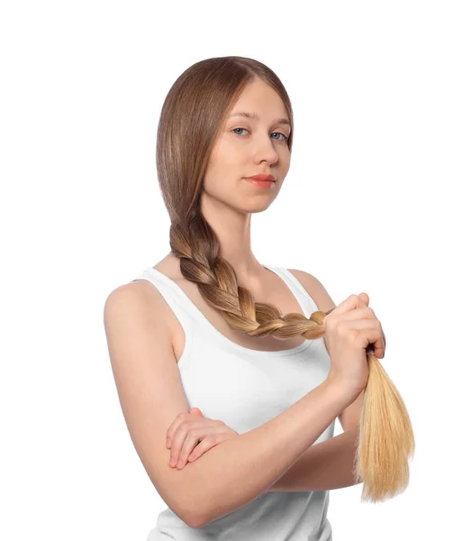 Девочка Подросток Крепкими Здоровыми Плетеными Волосами Белом Фоне — стоковое фото