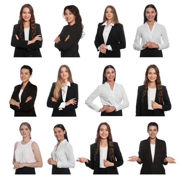 Collage Con Foto Hostess Uniforme Sfondo Bianco — Foto Stock
