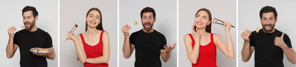 Колаж Фотографіями Людей Які Їдять Смачні Суші Рулети Світло Сірому — стокове фото