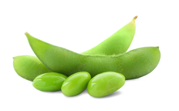 Fresh Green Edamame Pods Beans White Background — 스톡 사진