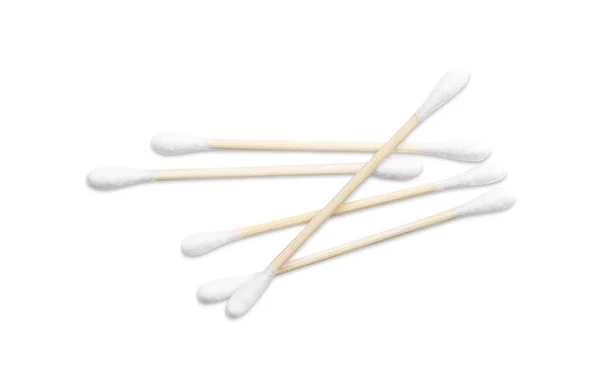 Wooden Cotton Buds White Background Top View — Stock Photo, Image
