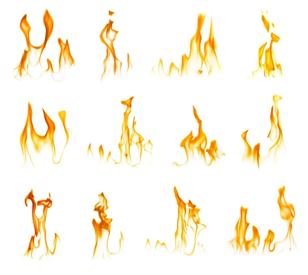 Set Mit Schönen Hellen Flammen Feuer Auf Weißem Hintergrund — Stockfoto