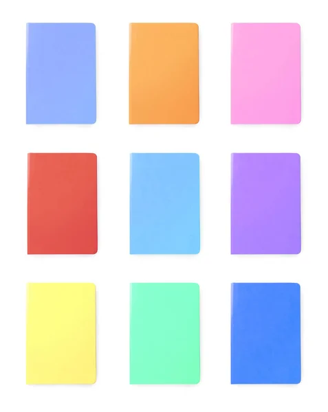 Set Vícebarevnými Notebooky Bílém Pozadí Horní Pohled — Stock fotografie