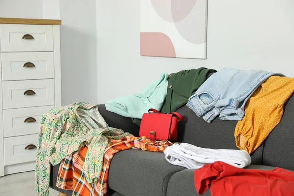 Messy Pile Clothes Sofa Living Room — Stok fotoğraf