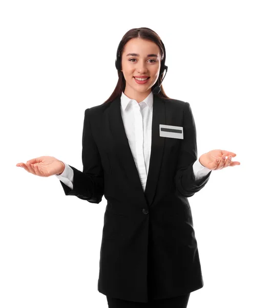 Retrato Recepcionista Con Auriculares Sobre Fondo Blanco — Foto de Stock