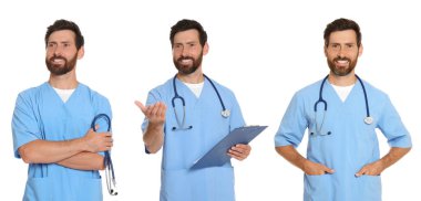 Beyaz arka planda doktor resimleri olan kolaj. Pankart tasarımı