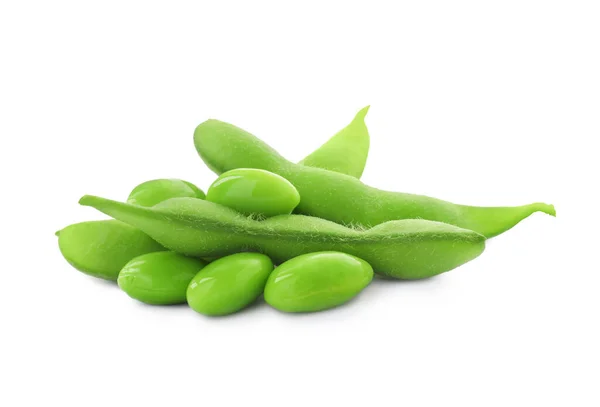 Fresh Green Edamame Pods Beans White Background — Stock fotografie