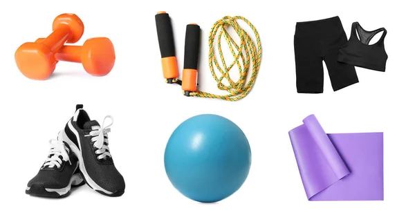 stock image Set with different fitness equipment on white background. Banner design