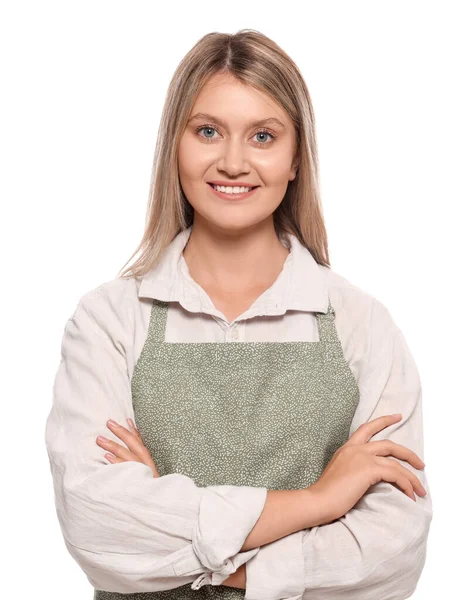 Mooie Jonge Vrouw Schoon Schort Witte Achtergrond — Stockfoto