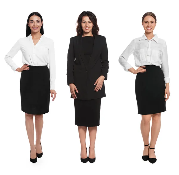 Collage Photos Hostess Uniform White Background — Stock Photo, Image