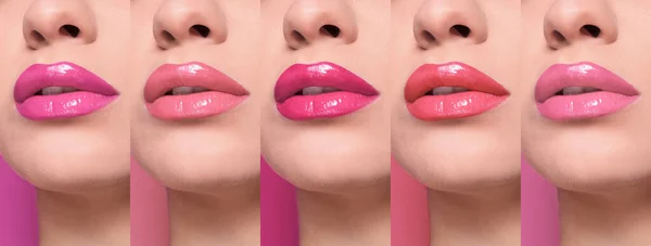 Collage Mit Fotos Von Jungen Frauen Mit Verschiedenen Glänzenden Lippenstiften — Stockfoto