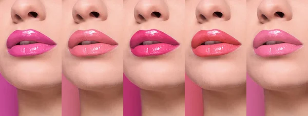 Collage Con Fotos Mujer Joven Con Diferentes Lápices Labiales Brillantes —  Fotos de Stock