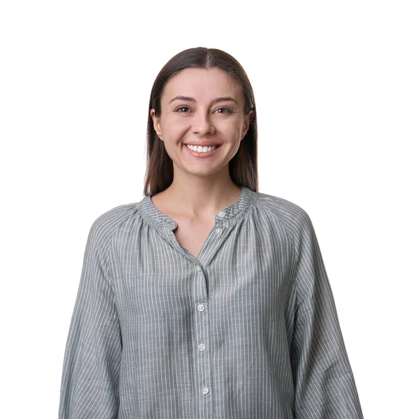 Portret Szczęśliwej Młodej Kobiety Białym Tle Koncepcja Osobowości — Zdjęcie stockowe