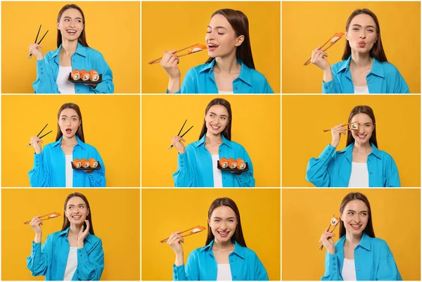 おいしい寿司を食べる若い女性の写真とコラージュと黄色の背景にロール — ストック写真