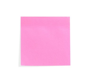 Blank pink sticky note on white background, top view