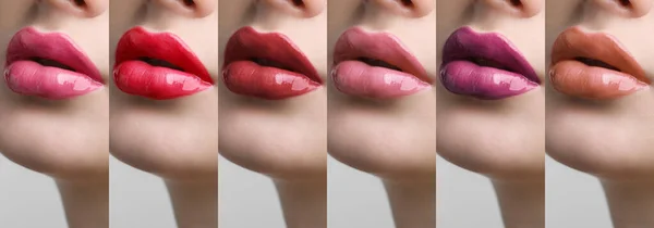 Collage Avec Des Photos Jeune Femme Avec Différents Rouges Lèvres — Photo