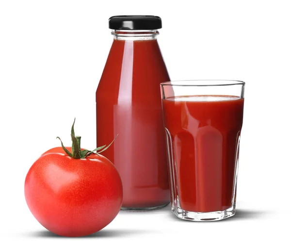Färsk Tomat Flaska Och Glas Med Saft Vit Bakgrund — Stockfoto