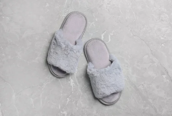 Pair Soft Slippers Grey Marble Floor Top View — Stock Photo, Image