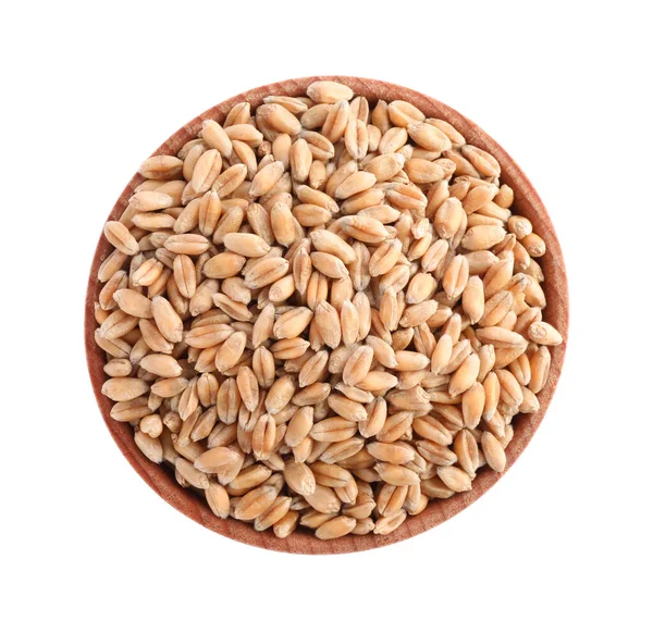 Wheat Grains Wooden Bowl Isolated White Top View — Stock Photo, Image