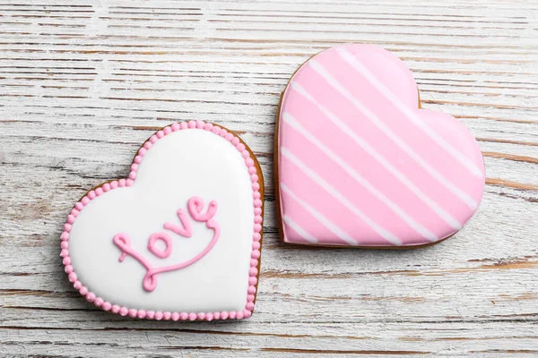 Heart Shaped Cookies White Wooden Table Flat Lay Valentine Day — Stock Photo, Image