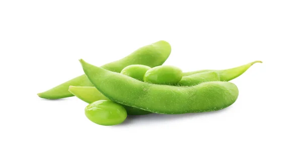 Fresh Green Edamame Pods Beans White Background — Stok fotoğraf