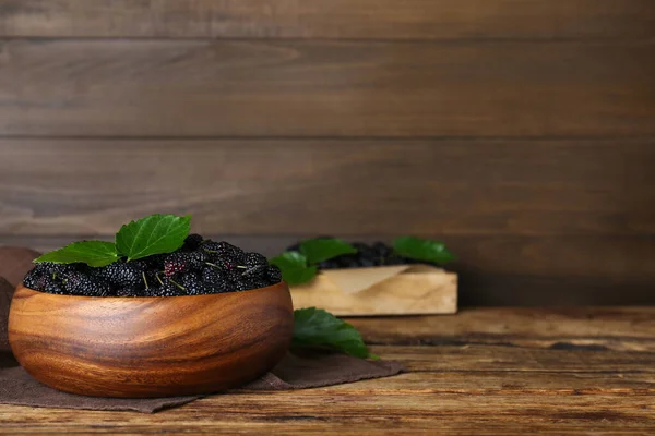 Fresh Ripe Black Mulberries Bowl Wooden Table Space Text — Stock Photo, Image