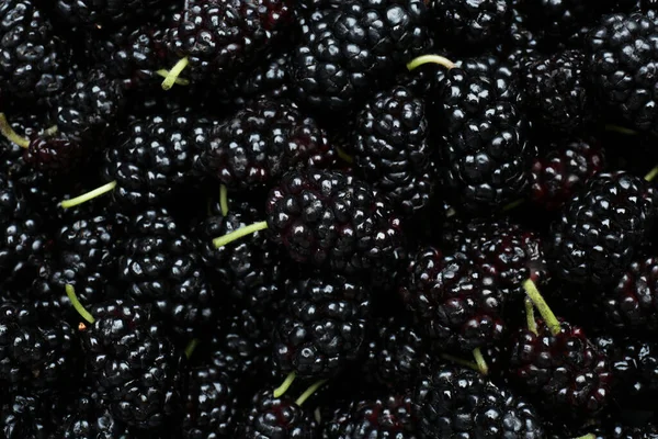 Ripe Black Mulberries Background Top View — Stockfoto