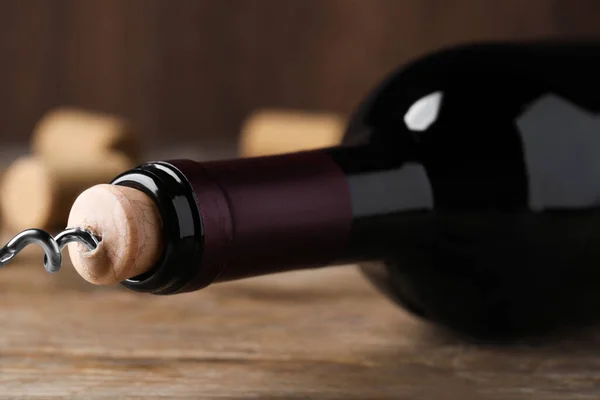 Opening Wine Bottle Corkscrew Wooden Table Closeup — Stockfoto