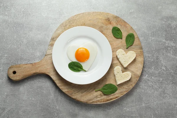 Romantic Breakfast Heart Shaped Fried Egg Served Light Grey Table — Stock Photo, Image