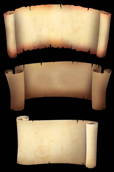 Old parchment scrolls on black background, space for design. Illustration