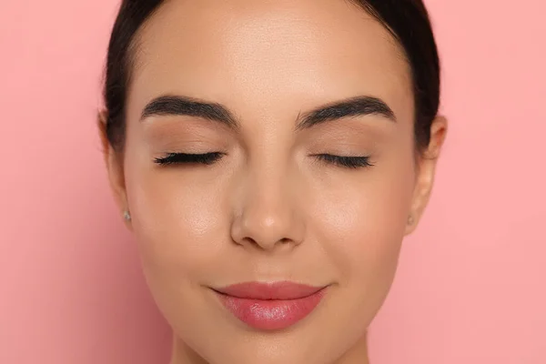 Beautiful Young Woman Showing Extended Ordinary Eyelashes Pink Background Closeup — Stock Photo, Image