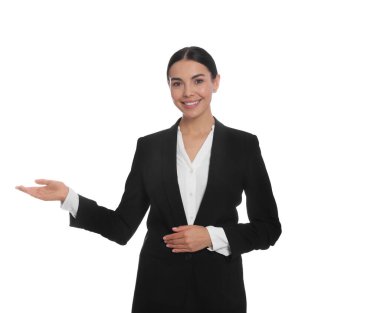 Portrait of hostess in uniform on white background