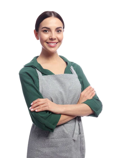 Jonge Vrouw Grijs Schort Witte Achtergrond — Stockfoto