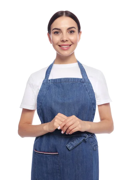 Jonge Vrouw Blauwe Jeans Schort Witte Achtergrond — Stockfoto
