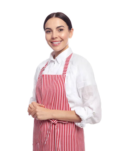 Jeune Femme Tablier Rayé Rouge Sur Fond Blanc — Photo