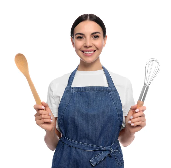 Jonge Vrouw Blauwe Jeans Schort Met Houten Lepel Garde Witte — Stockfoto