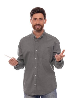 Handsome man gesturing on white background. Weather forecast reporter