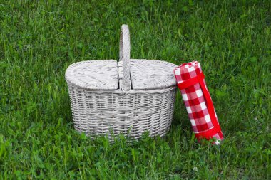 Yeşil çimlerin üzerinde piknik sepetinin yanında yuvarlanmış kareli masa örtüsü