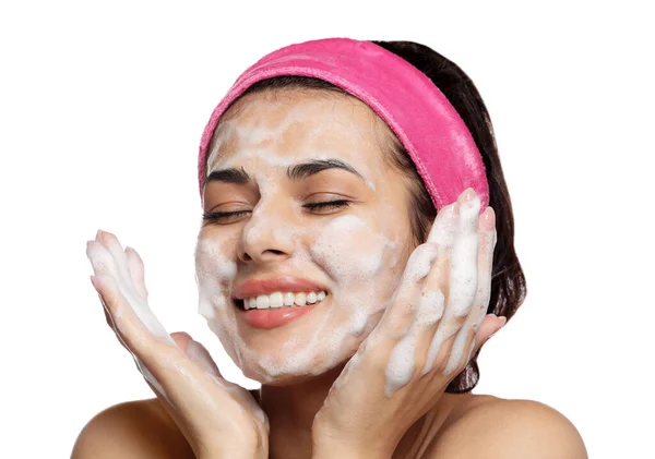 Beautiful Woman Applying Facial Cleansing Foam White Background — Foto Stock