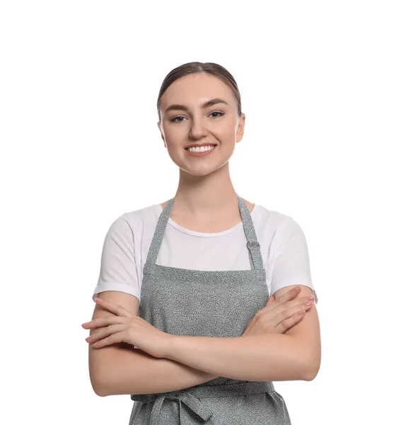 Mooie Jonge Vrouw Schoon Schort Witte Achtergrond — Stockfoto