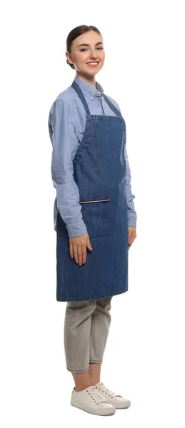 Mooie Jonge Vrouw Schoon Denim Schort Witte Achtergrond — Stockfoto