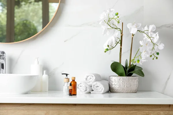 Bottle Dispenser Cap Cosmetic Products Houseplant Towels White Table Bathroom — Stock Photo, Image