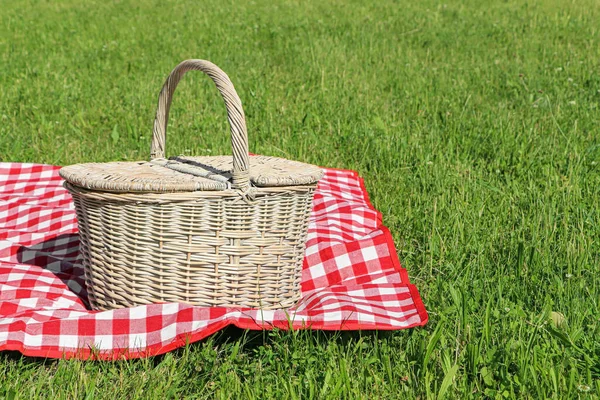 Picnic Basket Checkered Tablecloth Green Grass Outdoors Space Text — Stock Fotó