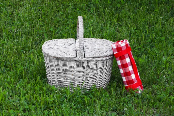 Rolled Checkered Tablecloth Picnic Basket Green Grass Outdoors — 스톡 사진