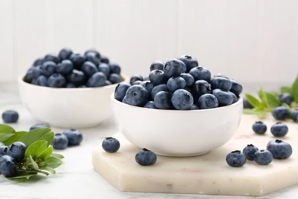 Tasty Fresh Blueberries White Table Closeup — Stockfoto