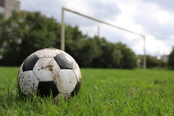 Dirty Soccer Ball Green Grass Outdoors Space Text — Stock Photo, Image