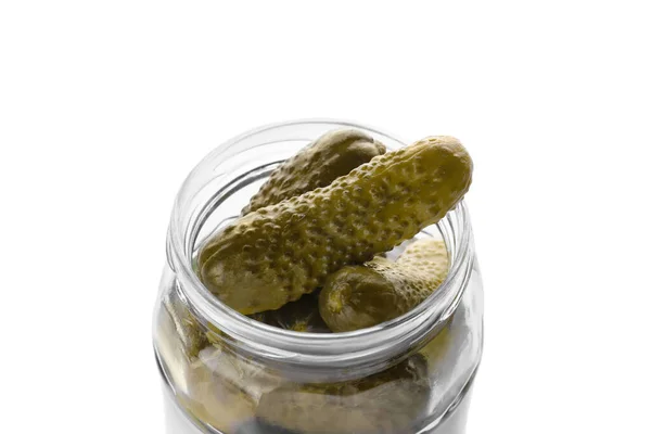Jar Tasty Pickled Cucumbers Isolated White Closeup — Stock Photo, Image